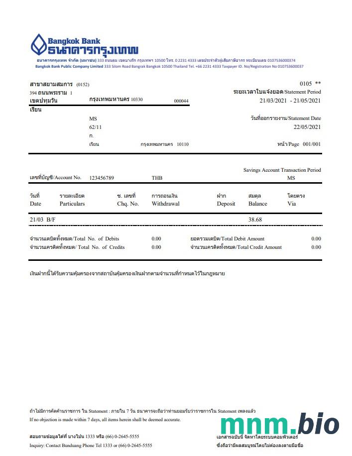Szablon wyciągu z rachunku oszczędnościowego w Tajlandii Bangkok w formacie Word i PDF